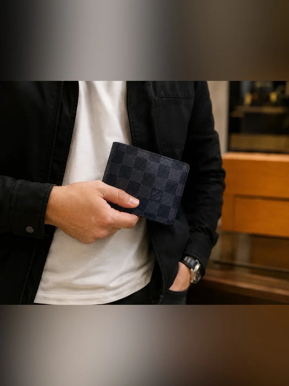 Black & Gray LV Checkered Bifold Wallet – Multiple Card Slots